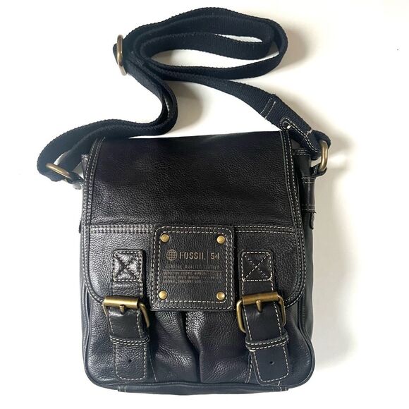 VTG Fossil Pebble Leather Black Messenger Crossbody Shoulder Purse Bag - Picture 1 of 16